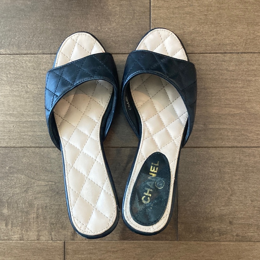 CHANEL Black Quilted Slide Mules with Cream Insole